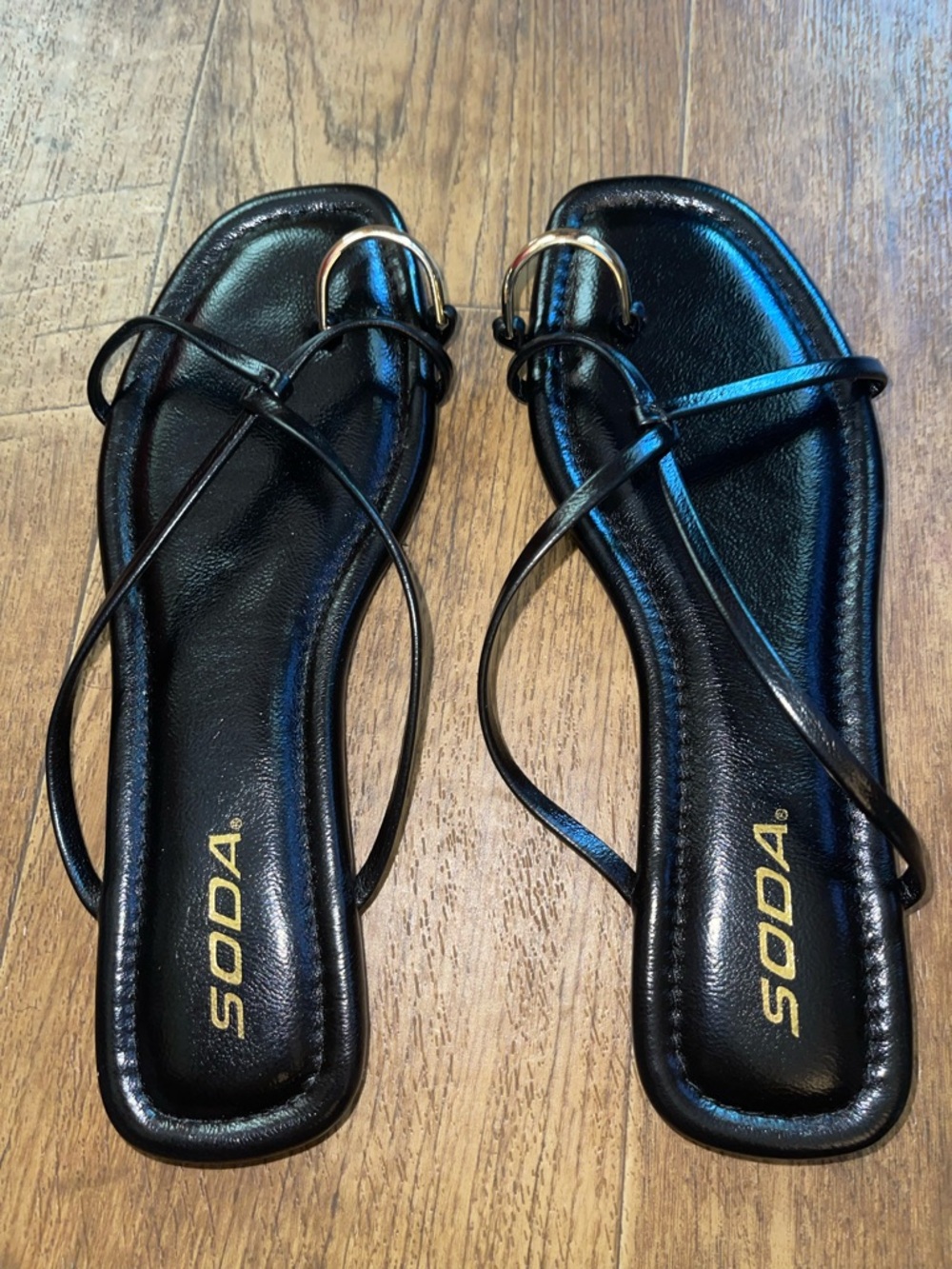 Soda Black Strappy Square-Toe Sandals with Gold Accent